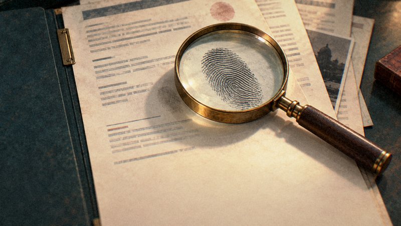A magnifying glass resting on an open case file over a fingerprint.