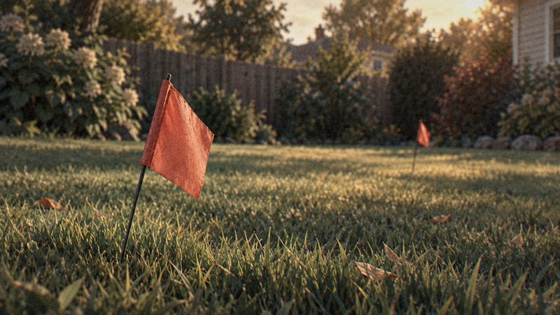 A back garden with small marker flags planted across the grass.