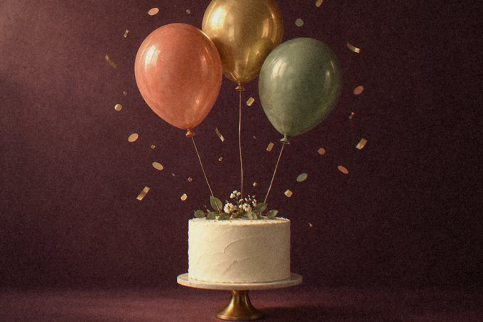 Balloons above a simple frosted cake with confetti in the air.